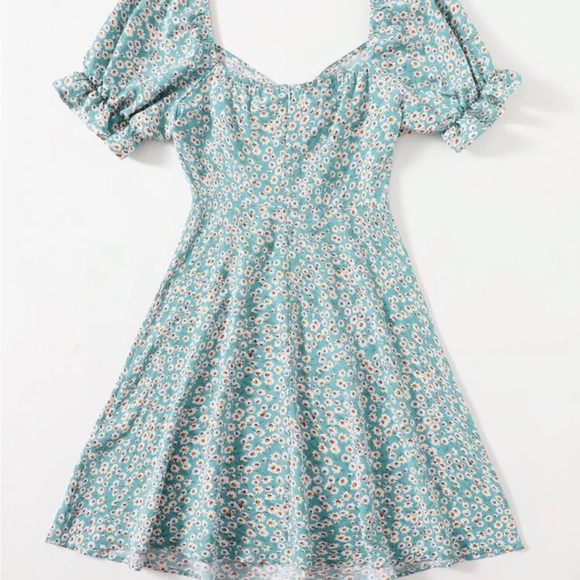 Blue Green Ditsy Floral Print Puff Sleeve Drawstring Self-Tie Ruched Bust Dress - Picture 2 of 16